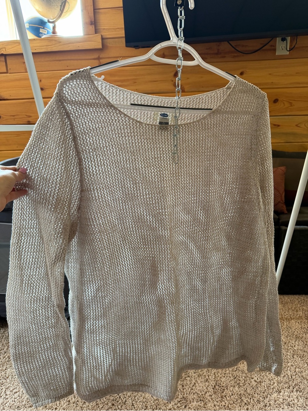 Old Navy Open-Knit Crewneck Sweater in Light Beige
